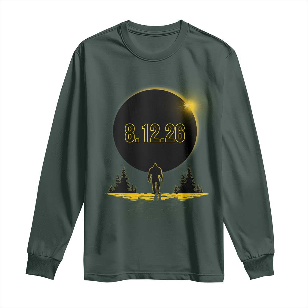 Bigfoot August 12 2026 Total Solar Eclipse Long Sleeve Shirt Totality Sasquatch Cryptid Stargazer Memorabilia TS02 Dark Forest Green Print Your Wear