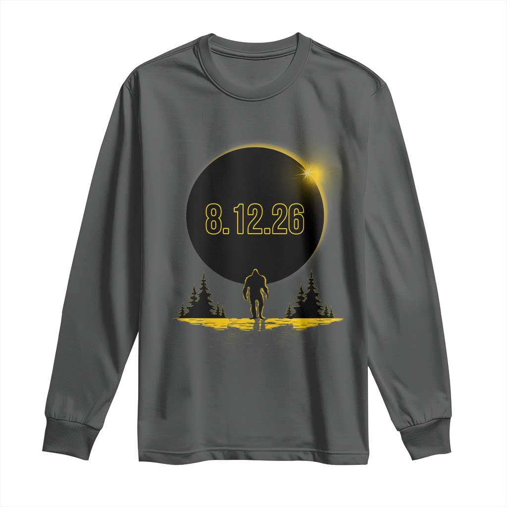 Bigfoot August 12 2026 Total Solar Eclipse Long Sleeve Shirt Totality Sasquatch Cryptid Stargazer Memorabilia TS02 Dark Heather Print Your Wear