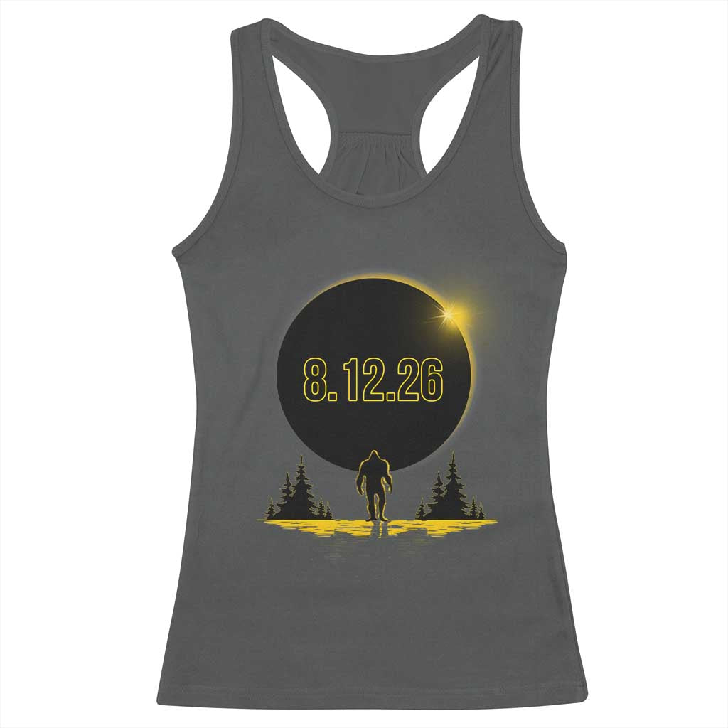 Bigfoot August 12 2026 Total Solar Eclipse Racerback Tank Top Totality Sasquatch Cryptid Stargazer Memorabilia TS02 Dark Heather Print Your Wear