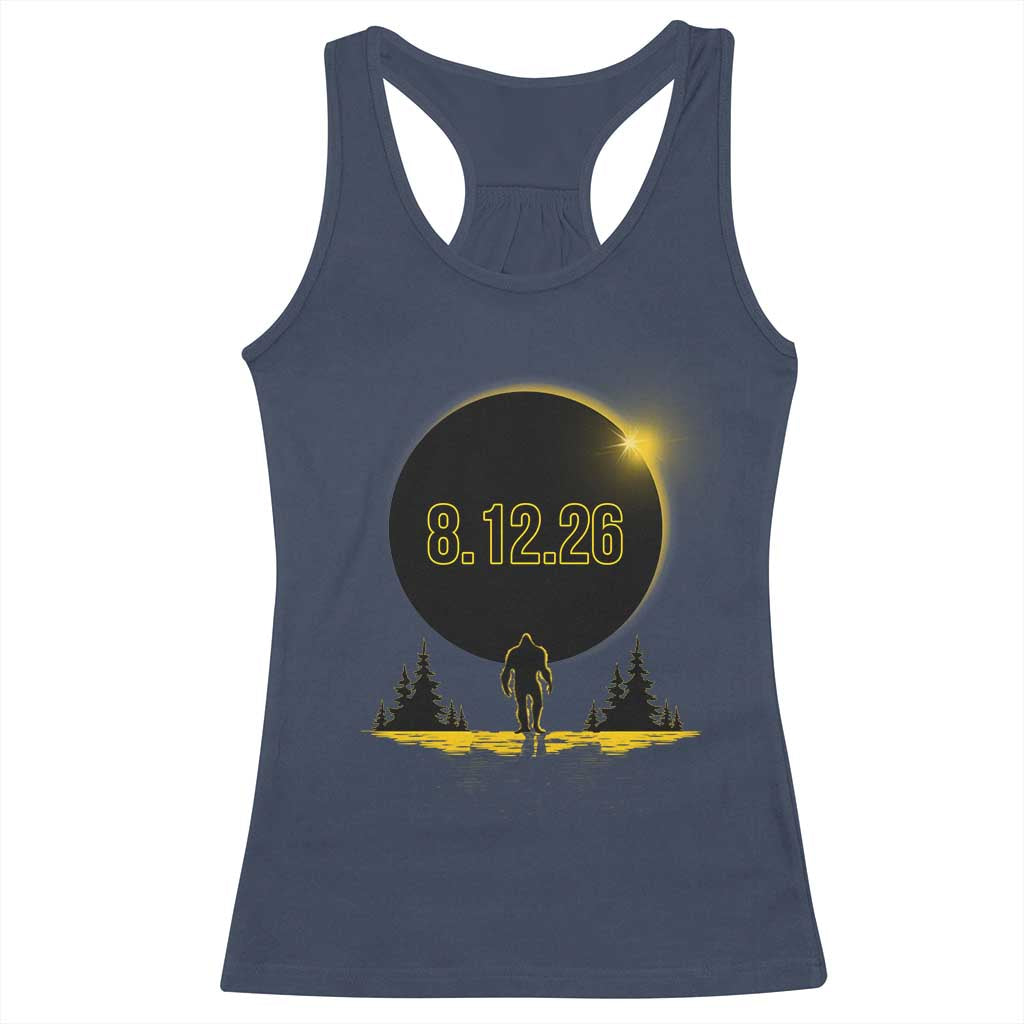 Bigfoot August 12 2026 Total Solar Eclipse Racerback Tank Top Totality Sasquatch Cryptid Stargazer Memorabilia TS02 Navy Print Your Wear