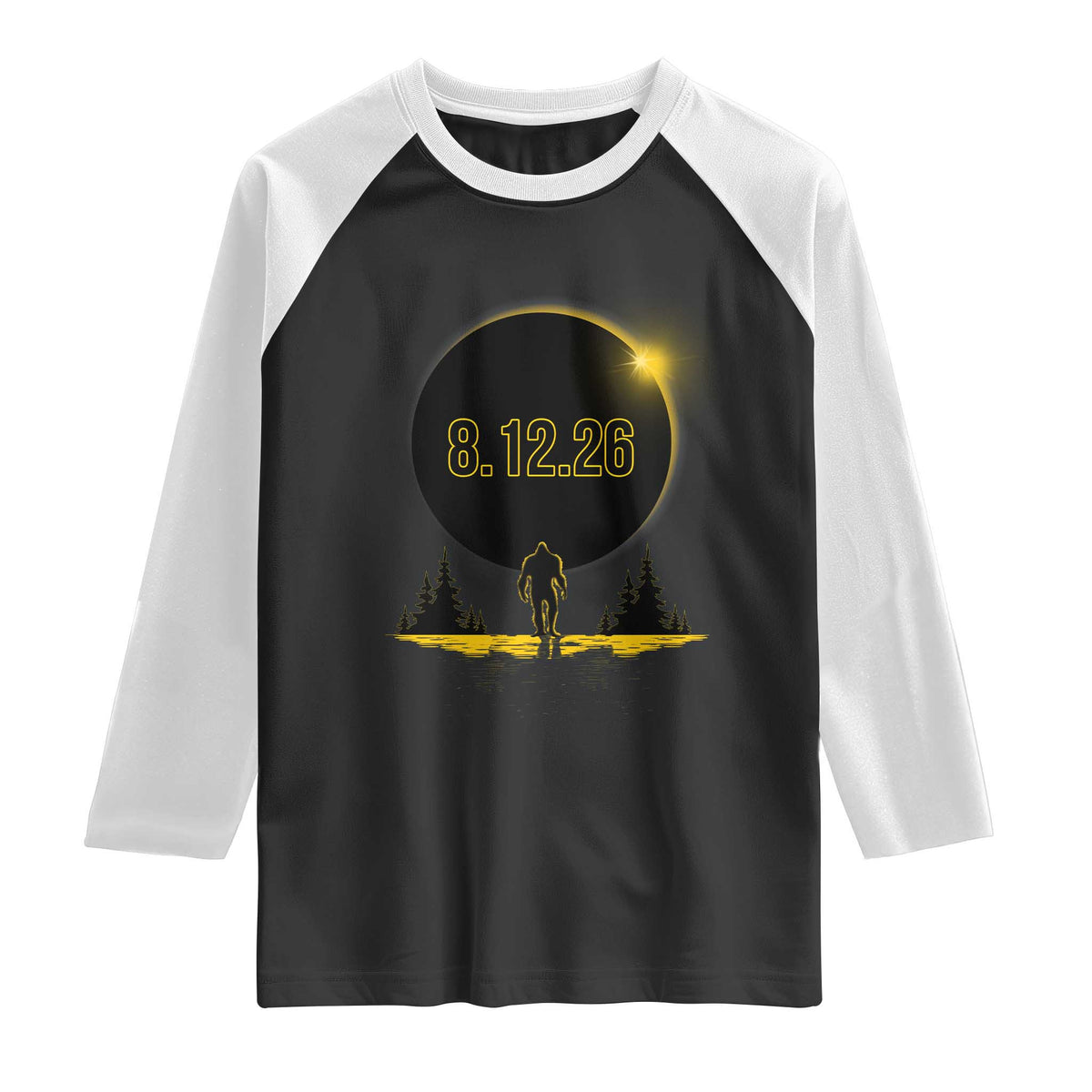 Bigfoot August 12 2026 Total Solar Eclipse Raglan Shirt Totality Sasquatch Cryptid Stargazer Memorabilia TS02 Black White Print Your Wear