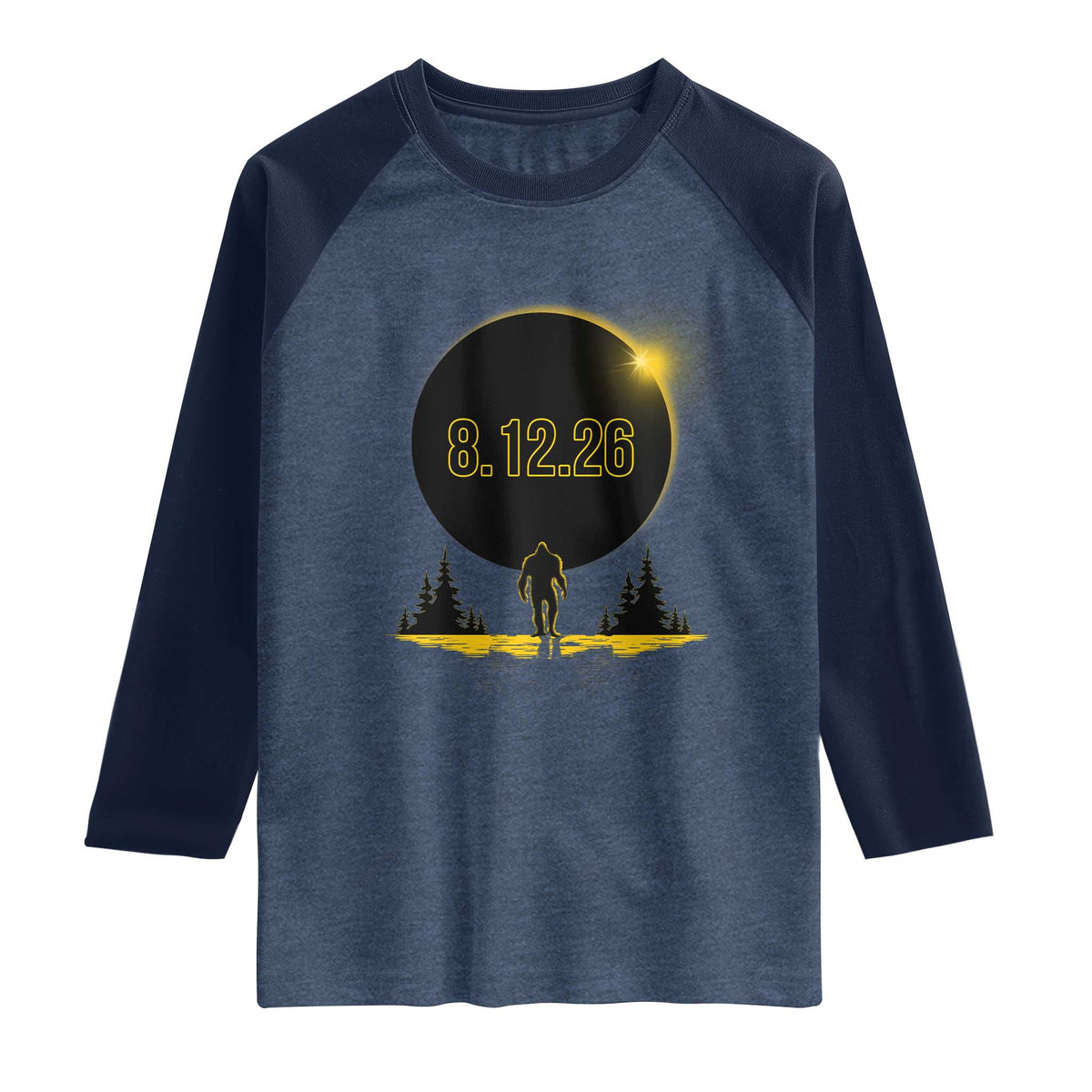 Bigfoot August 12 2026 Total Solar Eclipse Raglan Shirt Totality Sasquatch Cryptid Stargazer Memorabilia TS02 Heather Denim Navy Print Your Wear