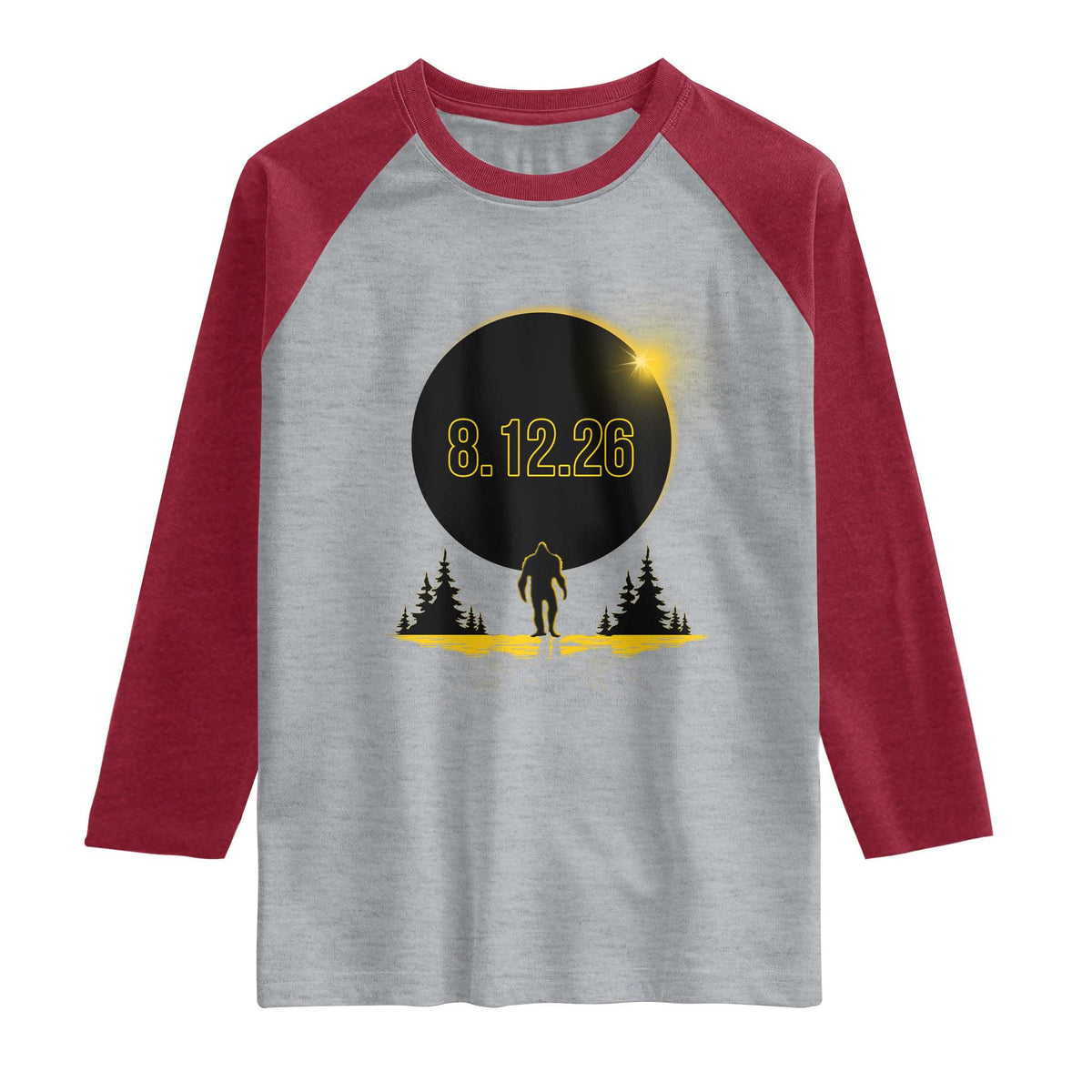 Bigfoot August 12 2026 Total Solar Eclipse Raglan Shirt Totality Sasquatch Cryptid Stargazer Memorabilia TS02 Heather Gray Heather Red Print Your Wear