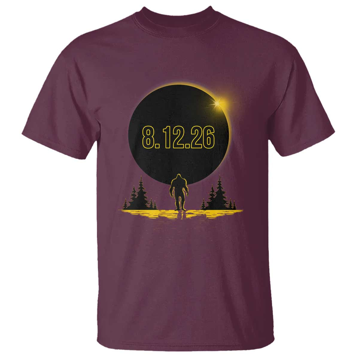 Bigfoot August 12 2026 Total Solar Eclipse T Shirt Totality Sasquatch Cryptid Stargazer Memorabilia TS02 Maroon Print Your Wear