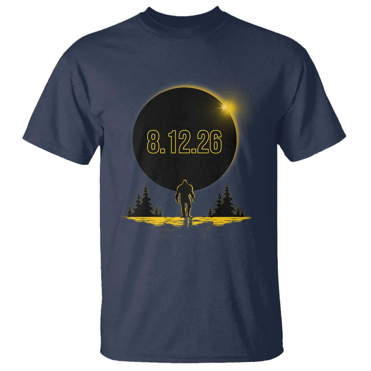 Bigfoot August 12 2026 Total Solar Eclipse T Shirt Totality Sasquatch Cryptid Stargazer Memorabilia TS02 Navy Print Your Wear