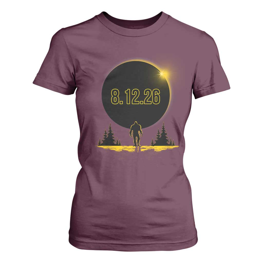 Bigfoot August 12 2026 Total Solar Eclipse T Shirt For Women Totality Sasquatch Cryptid Stargazer Memorabilia TS02 Maroon Print Your Wear