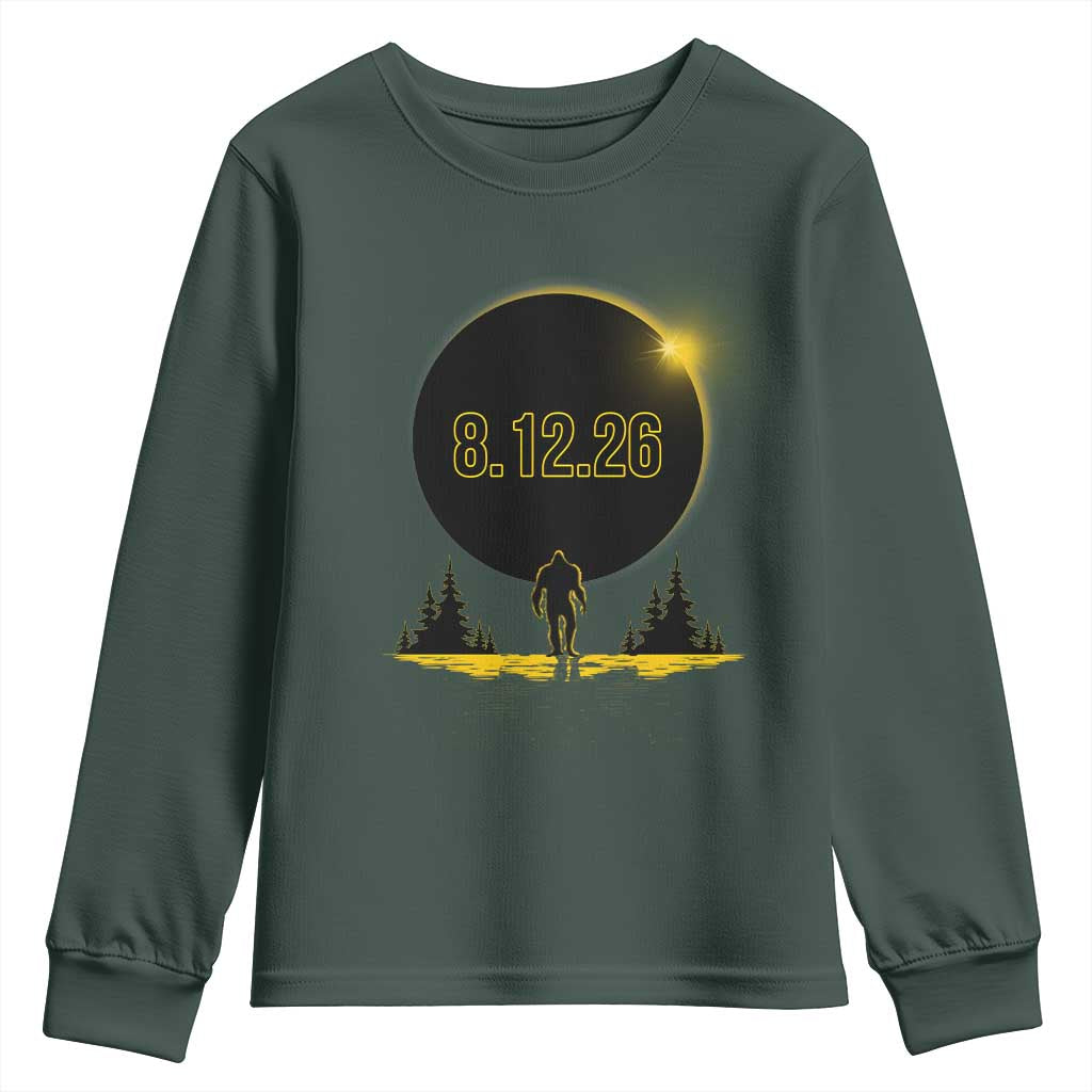 Bigfoot August 12 2026 Total Solar Eclipse Youth Sweatshirt Totality Sasquatch Cryptid Stargazer Memorabilia TS02 Dark Forest Green Print Your Wear