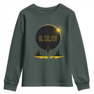Bigfoot August 12 2026 Total Solar Eclipse Youth Sweatshirt Totality Sasquatch Cryptid Stargazer Memorabilia TS02 Dark Forest Green Print Your Wear
