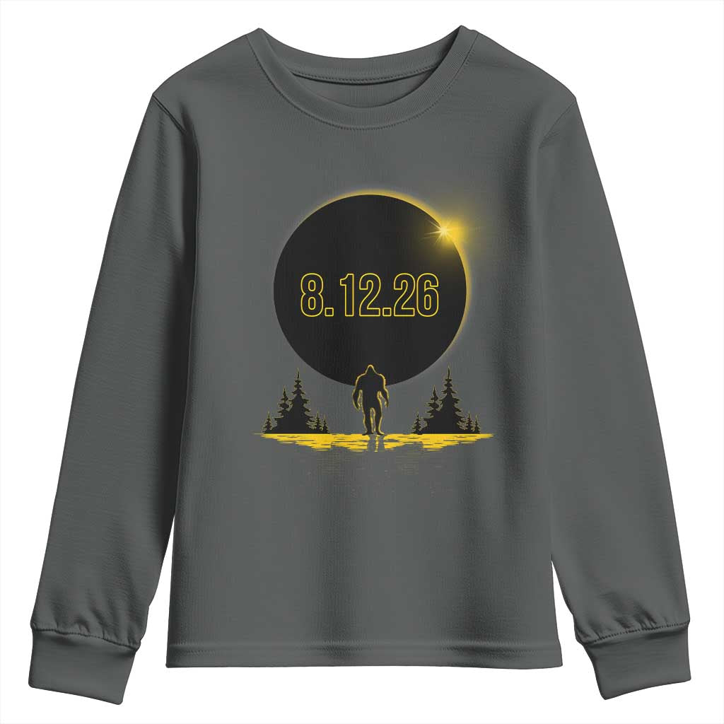 Bigfoot August 12 2026 Total Solar Eclipse Youth Sweatshirt Totality Sasquatch Cryptid Stargazer Memorabilia TS02 Dark Heather Print Your Wear