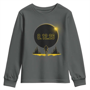 Bigfoot August 12 2026 Total Solar Eclipse Youth Sweatshirt Totality Sasquatch Cryptid Stargazer Memorabilia TS02 Dark Heather Print Your Wear