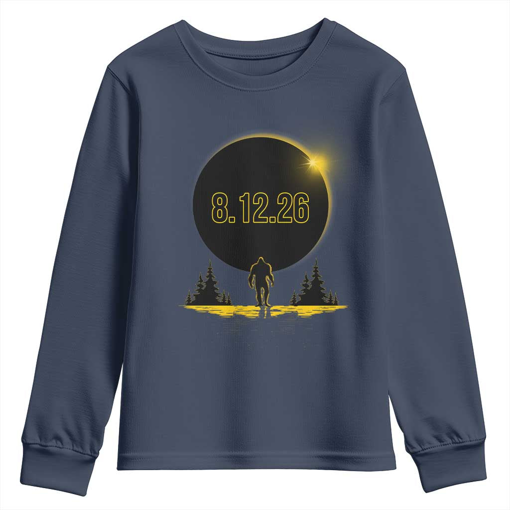 Bigfoot August 12 2026 Total Solar Eclipse Youth Sweatshirt Totality Sasquatch Cryptid Stargazer Memorabilia TS02 Navy Print Your Wear