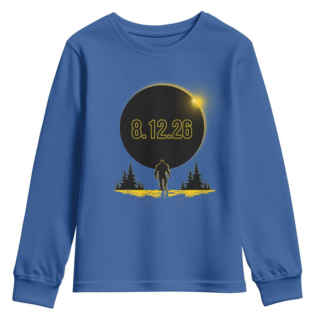 Bigfoot August 12 2026 Total Solar Eclipse Youth Sweatshirt Totality Sasquatch Cryptid Stargazer Memorabilia TS02 Royal Blue Print Your Wear