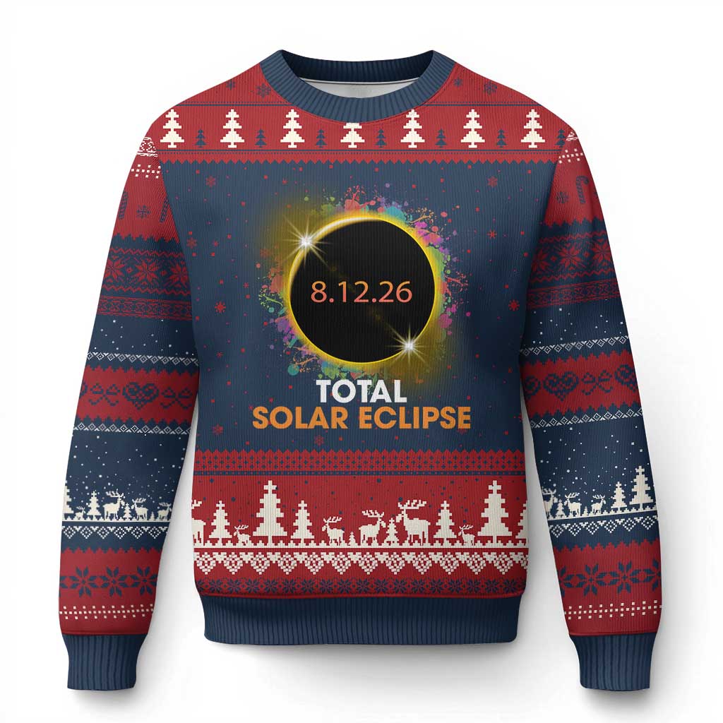 Colorful Paint Splatter 2026 Total Solar Eclipse Totality Astronomy Ugly Christmas Sweater TS02 Navy Red Print Your Wear