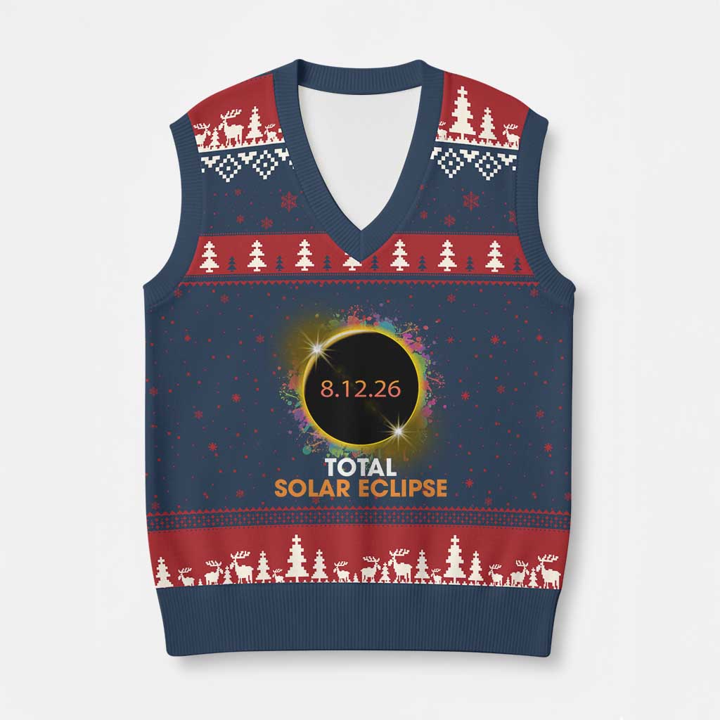 Colorful Paint Splatter 2026 Total Solar Eclipse Totality Astronomy V-Neck Knit Sweater Vest TS02 Navy Red Print Your Wear