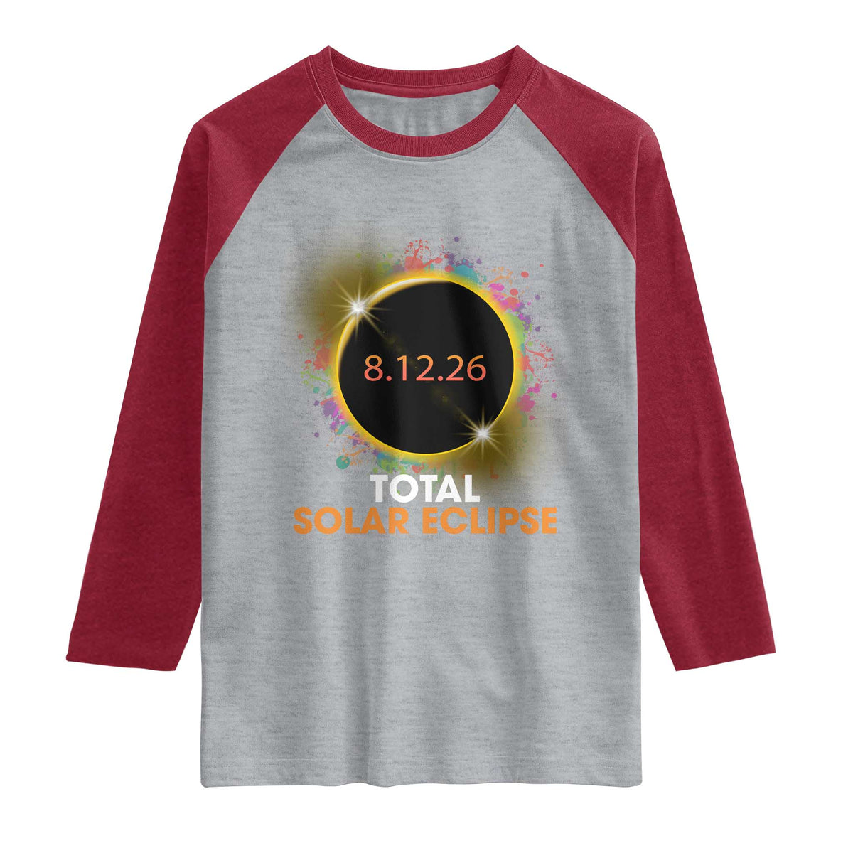 Colorful Paint Splatter 2026 Total Solar Eclipse Totality Astronomy Raglan Shirt TS02 Heather Gray Heather Red Print Your Wear