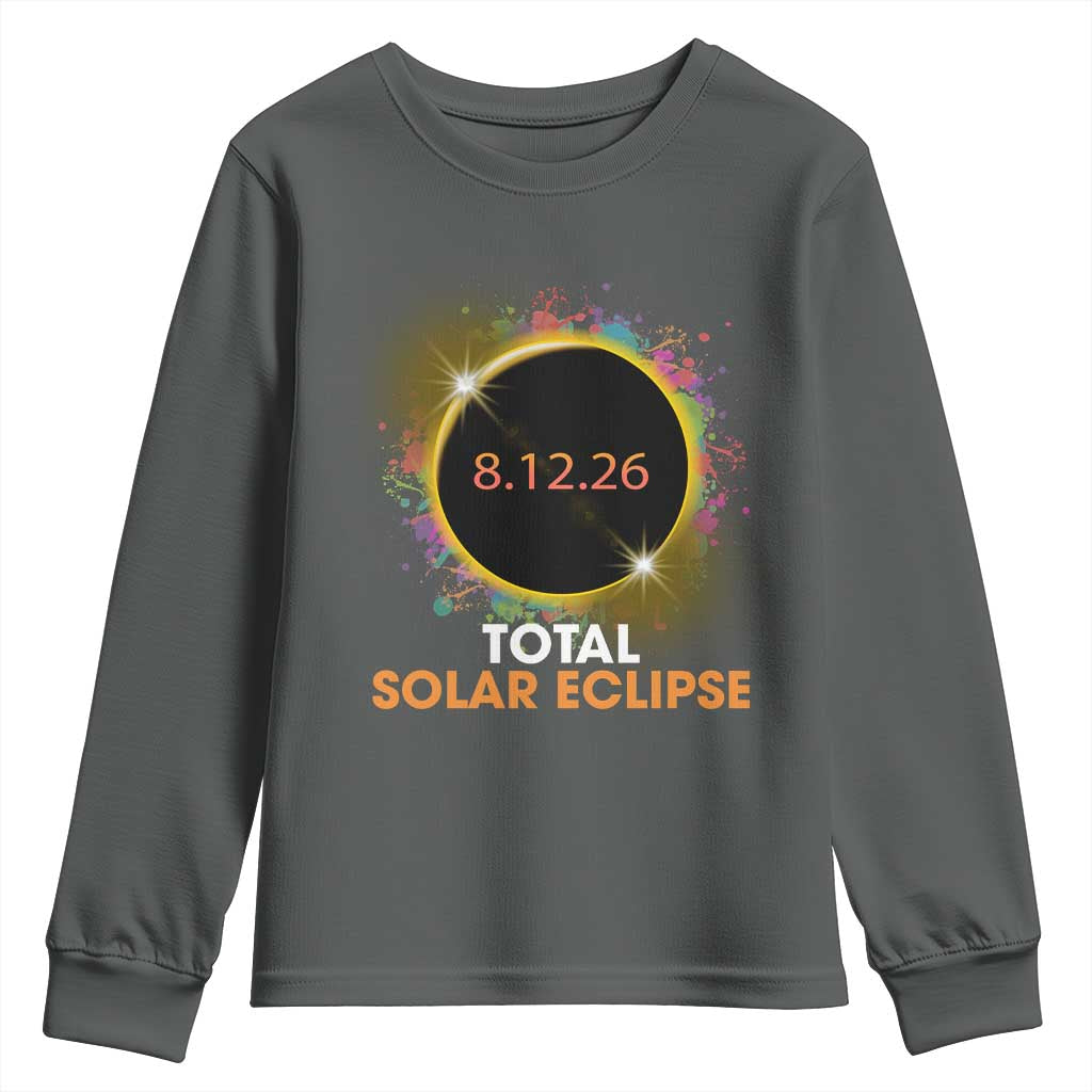 Colorful Paint Splatter 2026 Total Solar Eclipse Totality Astronomy Youth Sweatshirt TS02 Dark Heather Print Your Wear