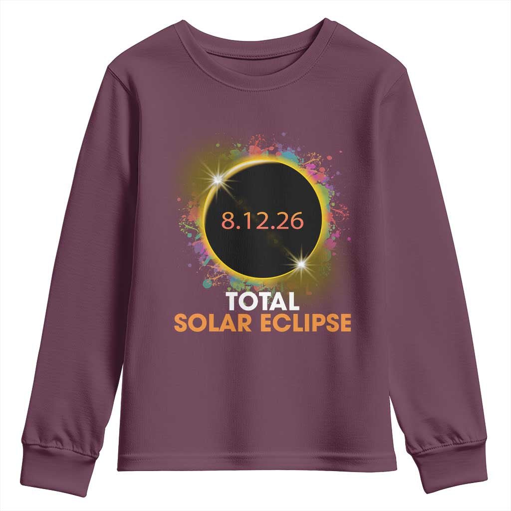 Colorful Paint Splatter 2026 Total Solar Eclipse Totality Astronomy Youth Sweatshirt TS02 Maroon Print Your Wear