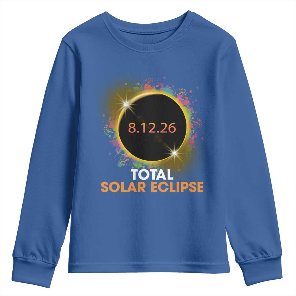 Colorful Paint Splatter 2026 Total Solar Eclipse Totality Astronomy Youth Sweatshirt TS02 Royal Blue Print Your Wear