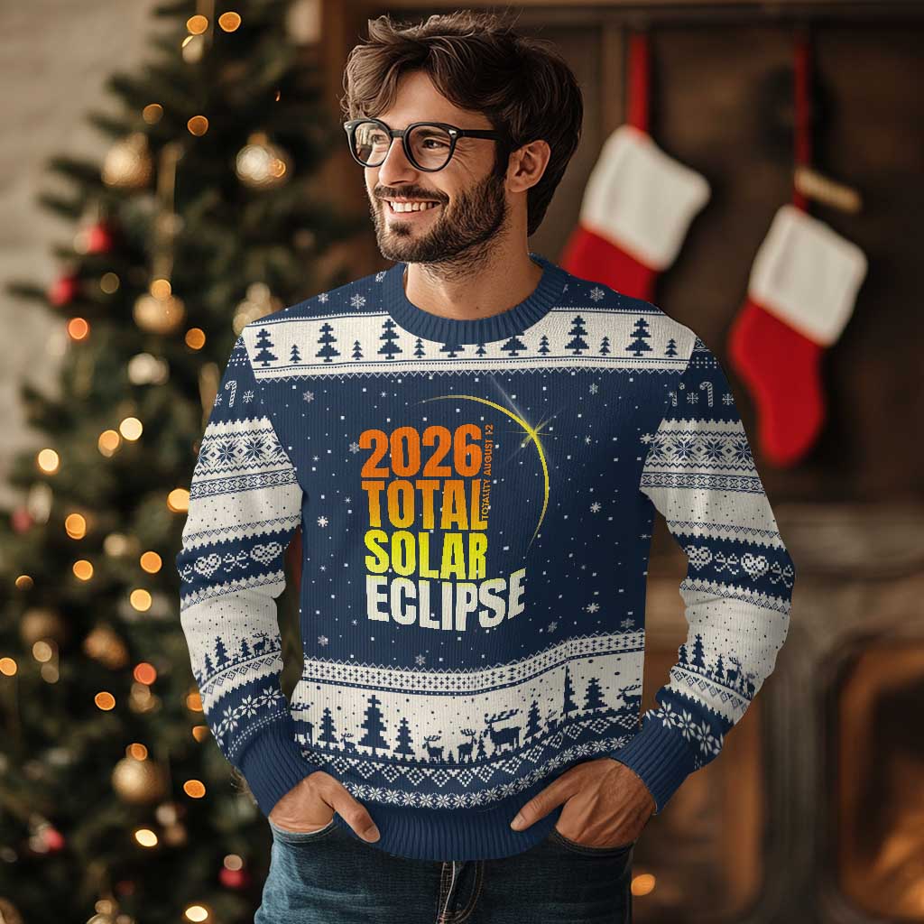 2026 Total Solar Eclipse August 12 Ugly Christmas Sweater Totality Modern Space Graphic TS02 Navy Beige Print Your Wear
