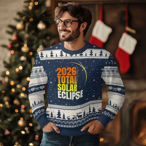 2026 Total Solar Eclipse August 12 Ugly Christmas Sweater Totality Modern Space Graphic TS02 Navy Beige Print Your Wear