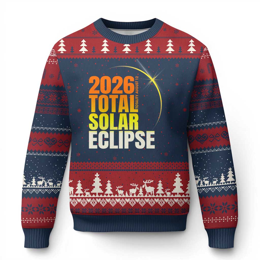 2026 Total Solar Eclipse August 12 Ugly Christmas Sweater Totality Modern Space Graphic TS02 Navy Red Print Your Wear
