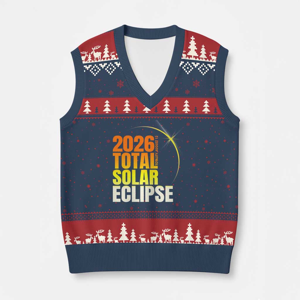 2026 Total Solar Eclipse August 12 V-Neck Knit Sweater Vest Totality Modern Space Graphic TS02 Navy Red Print Your Wear