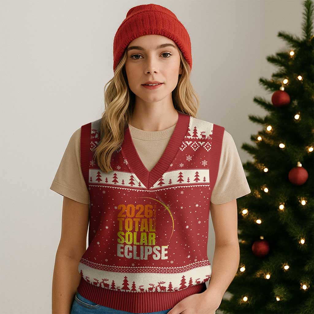 2026 Total Solar Eclipse August 12 V-Neck Knit Sweater Vest Totality Modern Space Graphic TS02 Red Beige Print Your Wear