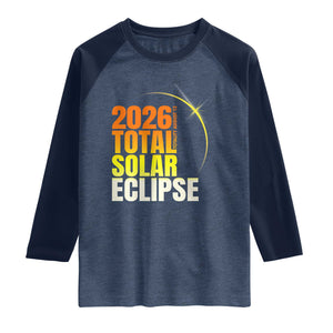 2026 Total Solar Eclipse August 12 Raglan Shirt Totality Modern Space Graphic TS02 Heather Denim Navy Print Your Wear
