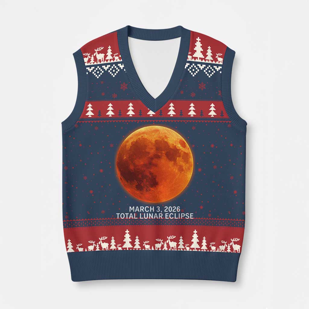 Blood Moon Total Lunar Eclipse March 3 2026 V-Neck Knit Sweater Vest Blood Moon Astronomy Souvenir Graphic TS02 Navy Red Print Your Wear