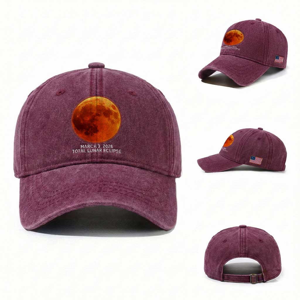 Blood Moon Total Lunar Eclipse March 3 2026 Washed Cotton Baseball Cap Blood Moon Astronomy Souvenir Graphic TS02 Washed Cap Universal Fit Burgundy Print Your Wear