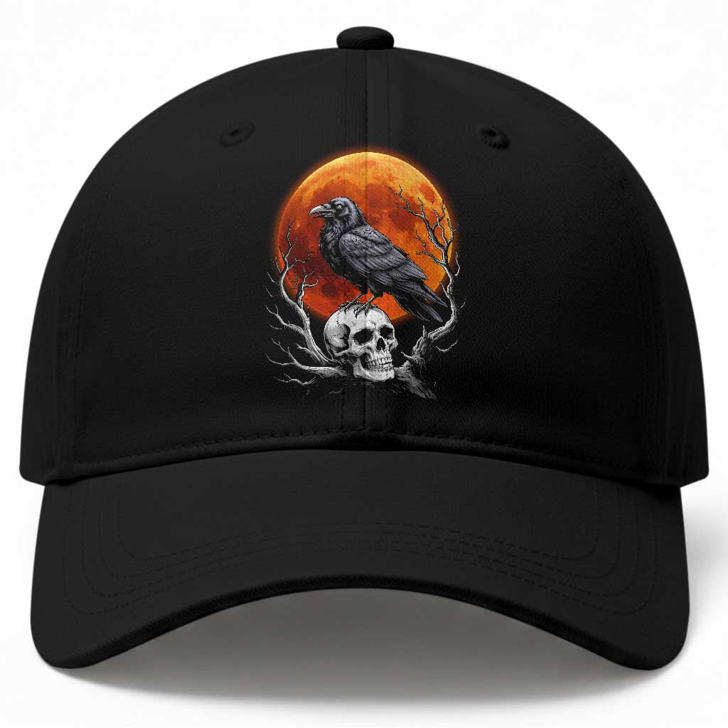 Gothic Raven on Skull Blood Moon Baseball Cap Spooky Halloween Macabre Dark Art Graphic TS02 Print Your Wear