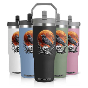 Gothic Raven on Skull Blood Moon Flip Straw Tumbler Spooky Halloween Macabre Dark Art Graphic TS02 Print Your Wear