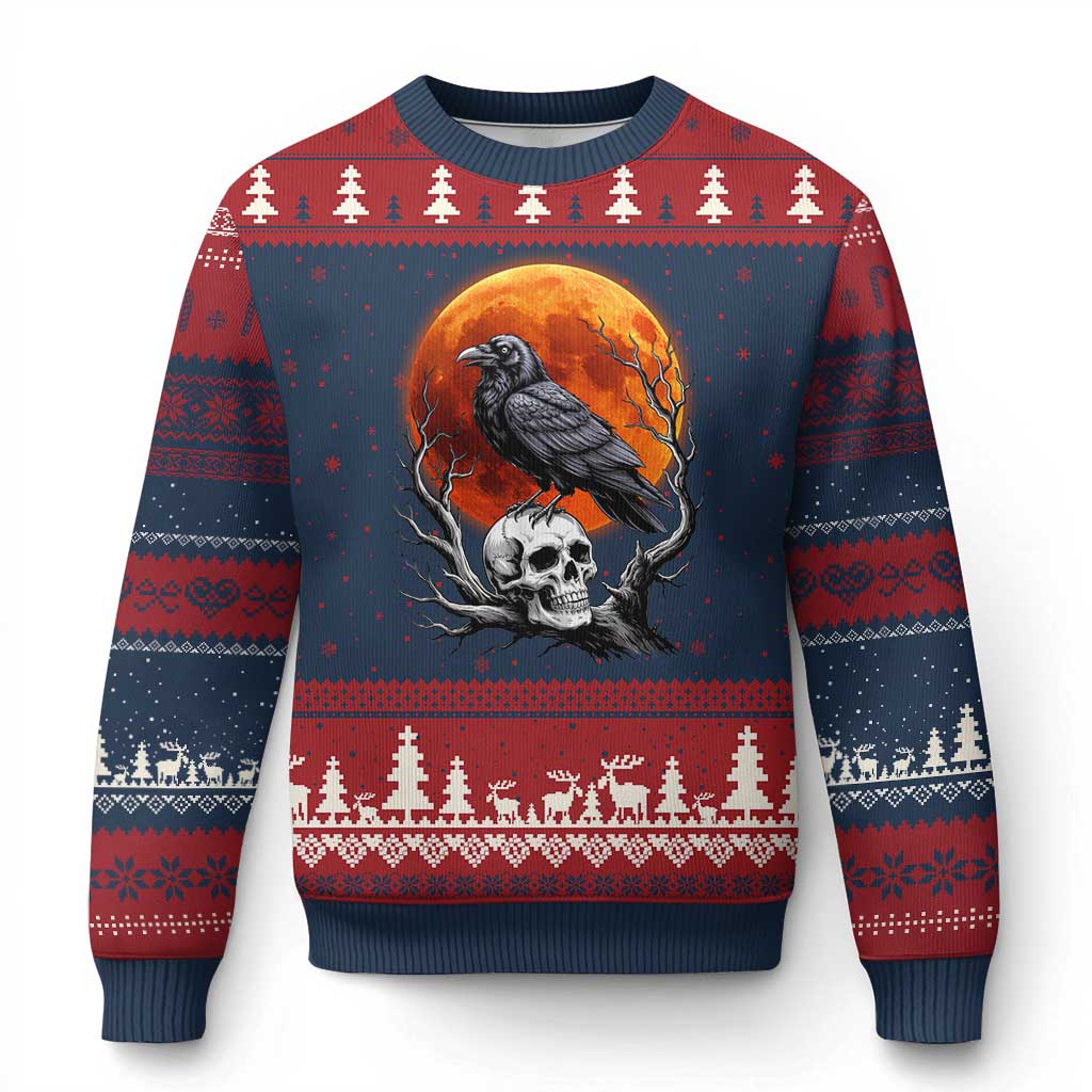 Gothic Raven on Skull Blood Moon Ugly Christmas Sweater Spooky Halloween Macabre Dark Art Graphic TS02 Navy Red Print Your Wear