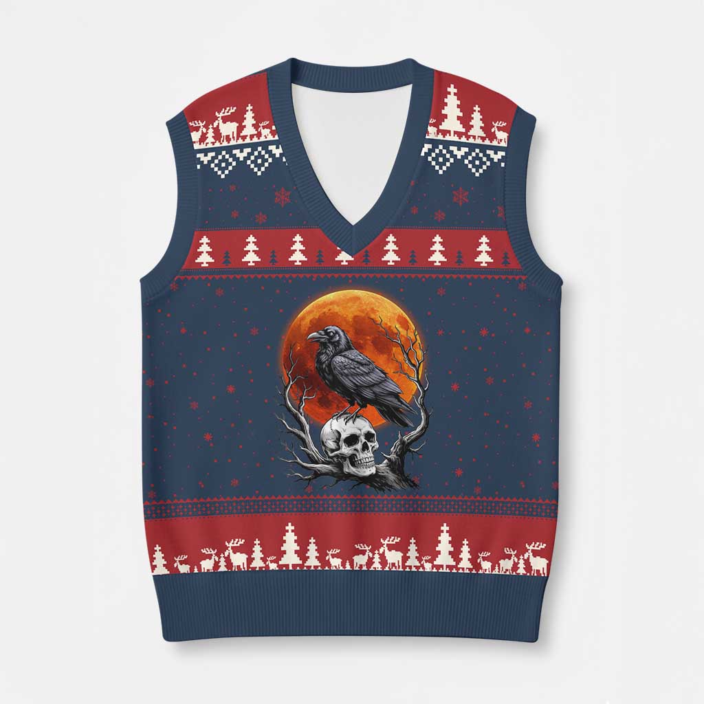 Gothic Raven on Skull Blood Moon V-Neck Knit Sweater Vest Spooky Halloween Macabre Dark Art Graphic TS02 Navy Red Print Your Wear