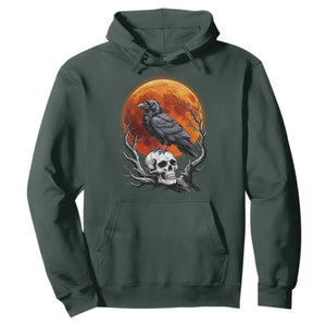 Gothic Raven on Skull Blood Moon Hoodie Spooky Halloween Macabre Dark Art Graphic TS02 Dark Forest Green Print Your Wear