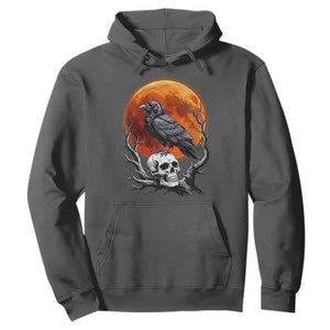 Gothic Raven on Skull Blood Moon Hoodie Spooky Halloween Macabre Dark Art Graphic TS02 Dark Heather Print Your Wear