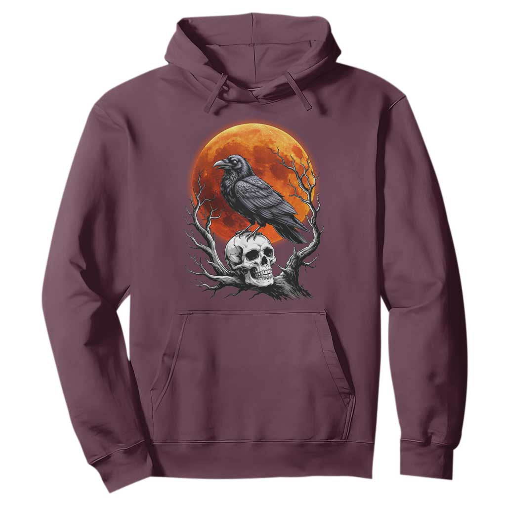 Gothic Raven on Skull Blood Moon Hoodie Spooky Halloween Macabre Dark Art Graphic TS02 Maroon Print Your Wear