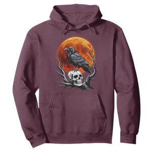 Gothic Raven on Skull Blood Moon Hoodie Spooky Halloween Macabre Dark Art Graphic TS02 Maroon Print Your Wear