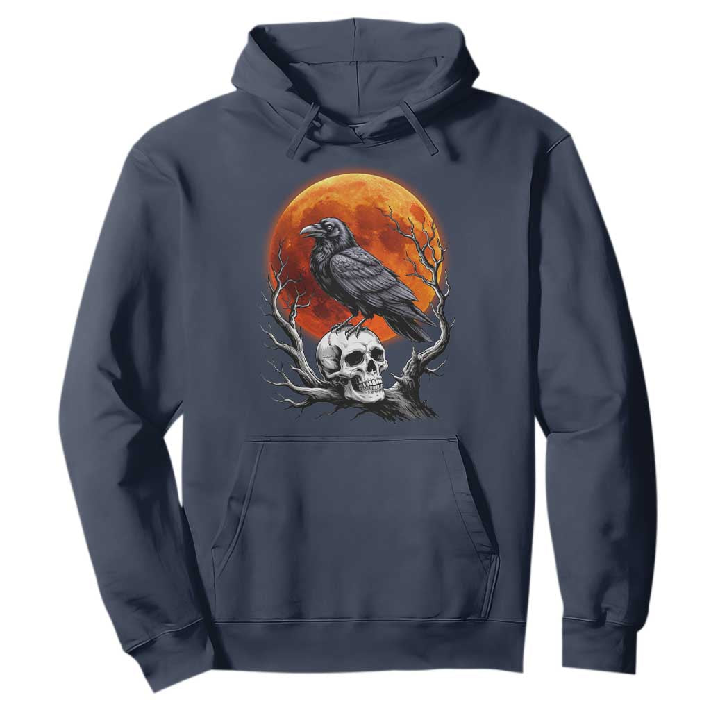 Gothic Raven on Skull Blood Moon Hoodie Spooky Halloween Macabre Dark Art Graphic TS02 Navy Print Your Wear