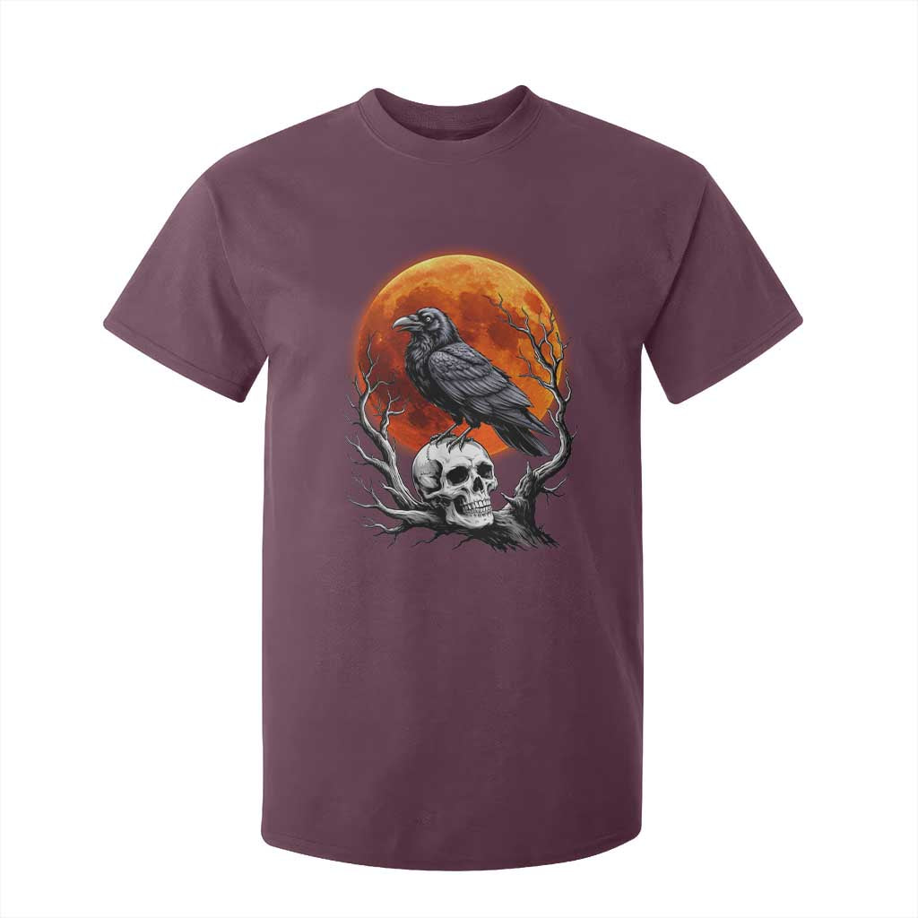 Gothic Raven on Skull Blood Moon T Shirt For Kid Spooky Halloween Macabre Dark Art Graphic TS02 Maroon Print Your Wear