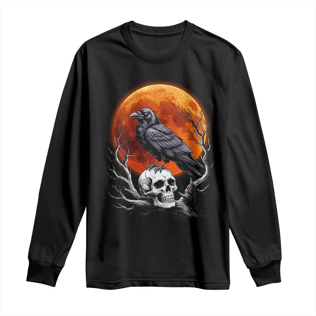 Gothic Raven on Skull Blood Moon Long Sleeve Shirt Spooky Halloween Macabre Dark Art Graphic TS02 Black Print Your Wear