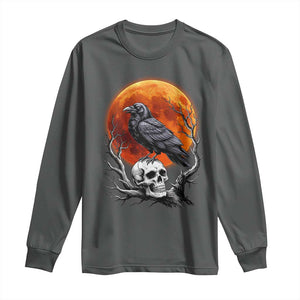 Gothic Raven on Skull Blood Moon Long Sleeve Shirt Spooky Halloween Macabre Dark Art Graphic TS02 Dark Heather Print Your Wear