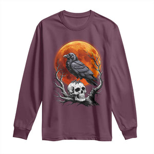 Gothic Raven on Skull Blood Moon Long Sleeve Shirt Spooky Halloween Macabre Dark Art Graphic TS02 Maroon Print Your Wear