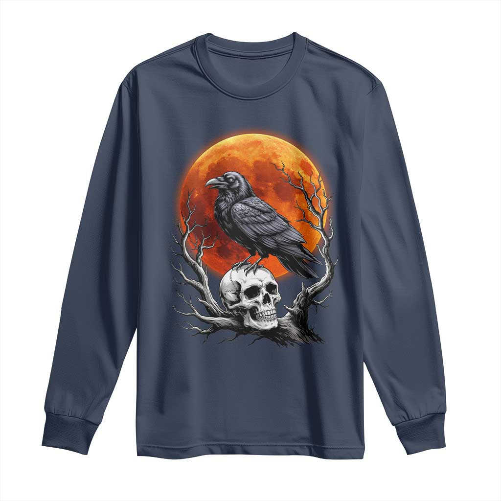 Gothic Raven on Skull Blood Moon Long Sleeve Shirt Spooky Halloween Macabre Dark Art Graphic TS02 Navy Print Your Wear