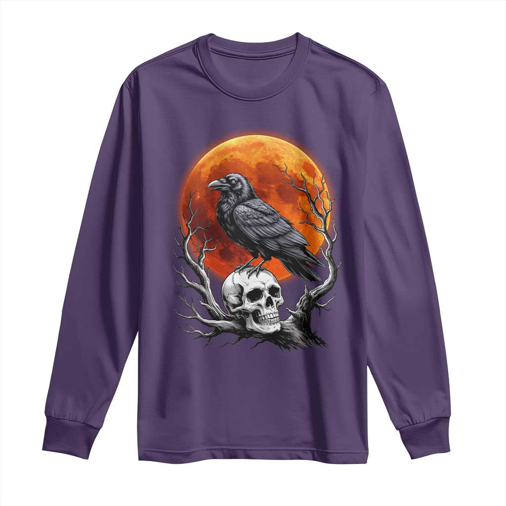 Gothic Raven on Skull Blood Moon Long Sleeve Shirt Spooky Halloween Macabre Dark Art Graphic TS02 Purple Print Your Wear