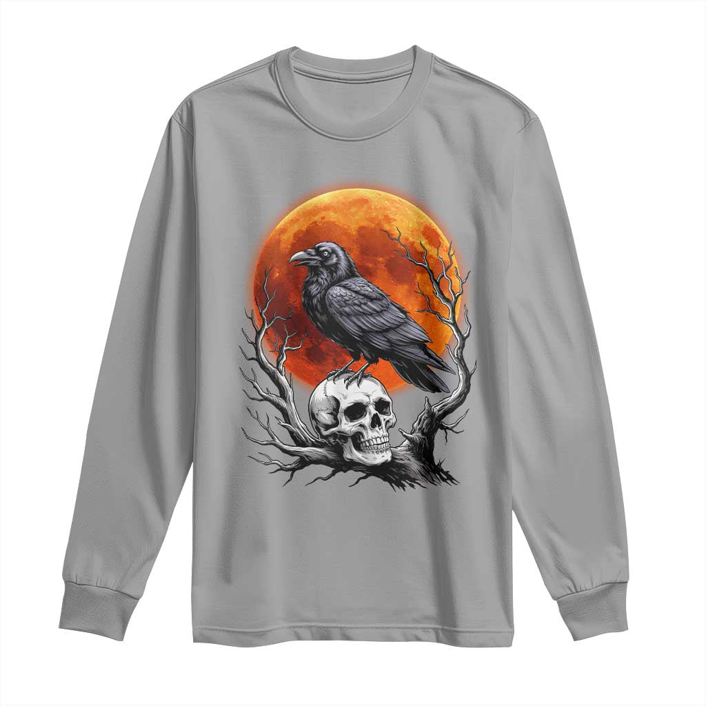 Gothic Raven on Skull Blood Moon Long Sleeve Shirt Spooky Halloween Macabre Dark Art Graphic TS02 Sport Gray Print Your Wear