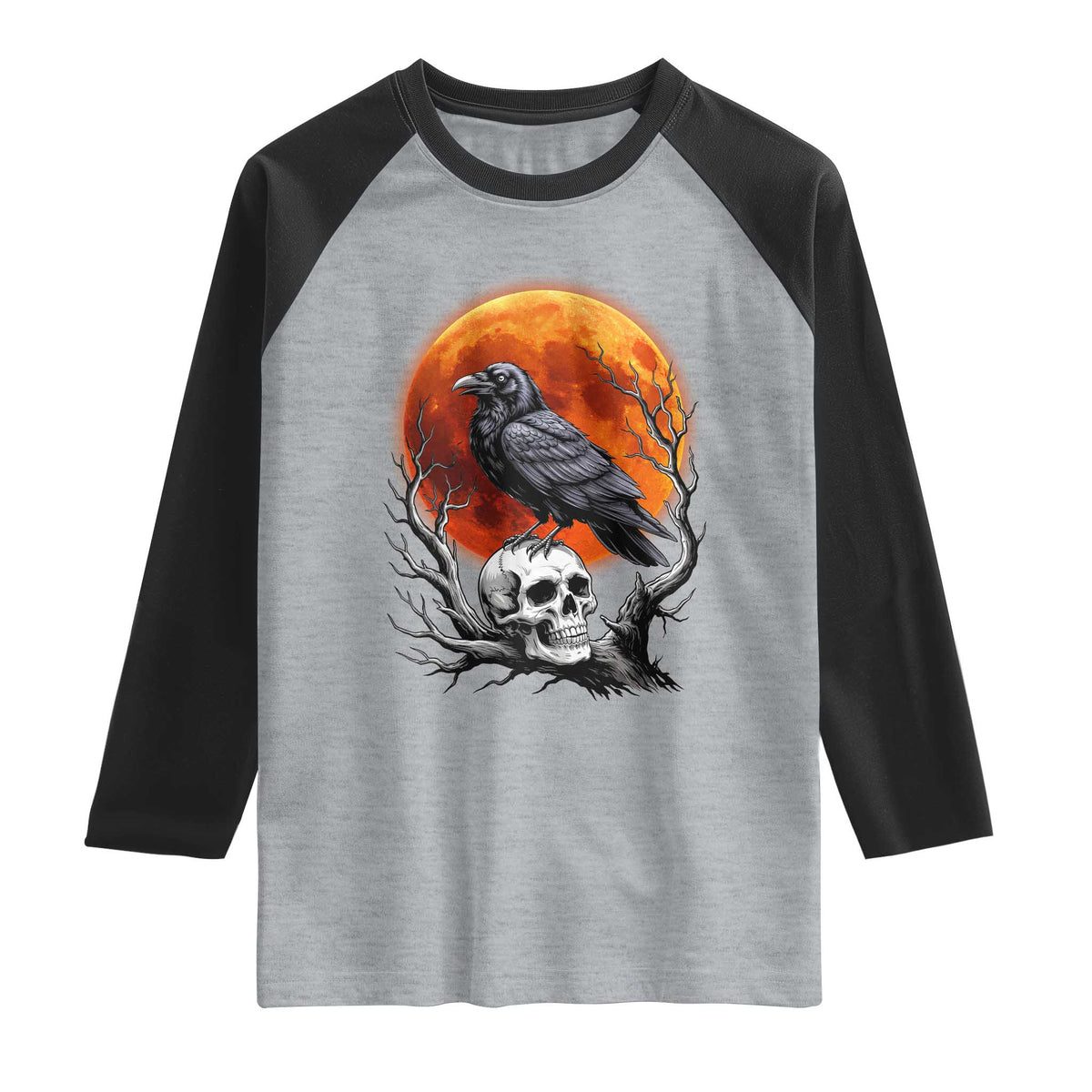 Gothic Raven on Skull Blood Moon Raglan Shirt Spooky Halloween Macabre Dark Art Graphic TS02 Heather Gray Black Print Your Wear