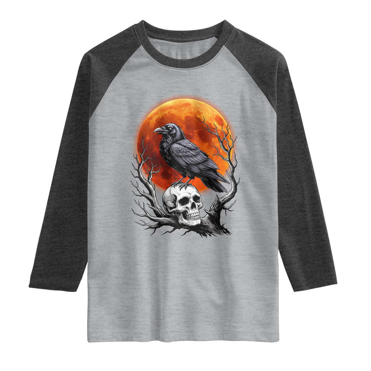 Gothic Raven on Skull Blood Moon Raglan Shirt Spooky Halloween Macabre Dark Art Graphic TS02 Heather Gray Heather Charcoal Print Your Wear
