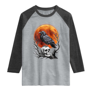 Gothic Raven on Skull Blood Moon Raglan Shirt Spooky Halloween Macabre Dark Art Graphic TS02 Heather Gray Heather Charcoal Print Your Wear
