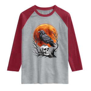 Gothic Raven on Skull Blood Moon Raglan Shirt Spooky Halloween Macabre Dark Art Graphic TS02 Heather Gray Heather Red Print Your Wear